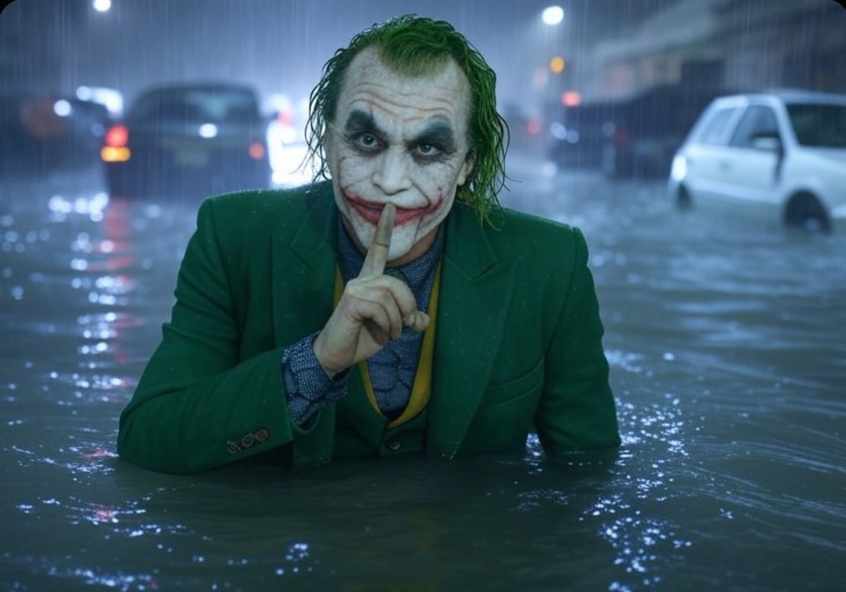 هاهاها... أترى؟ المدينة تغرق، الناس يصرخون، السيارات تجرفها المياه، لكنني؟ أنا أبتسم... بل وألوّح لهم!

هل تعرف لماذا؟ لأن الفوضى... جميلة! لأنها الحقيقية الوحيدة في هذا العرض السخيف الذي يسمونه "الحياة". تظن أن المطر هو المشكلة؟ لا، لا، المشكلة كانت دائمًا هنا، قبل أن تتساقط أول