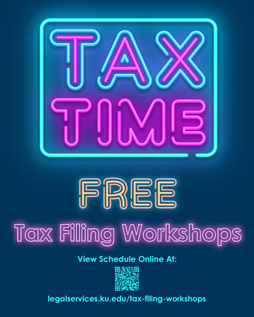 KU_LSS's tweet image. Tax filing workshops will start next week. We have two sessions scheduled for Monday, March 10th, and will be adding more soon. Registration is required. Find more information and the registration link at legalservices.ku.edu/tax-filing-wor….