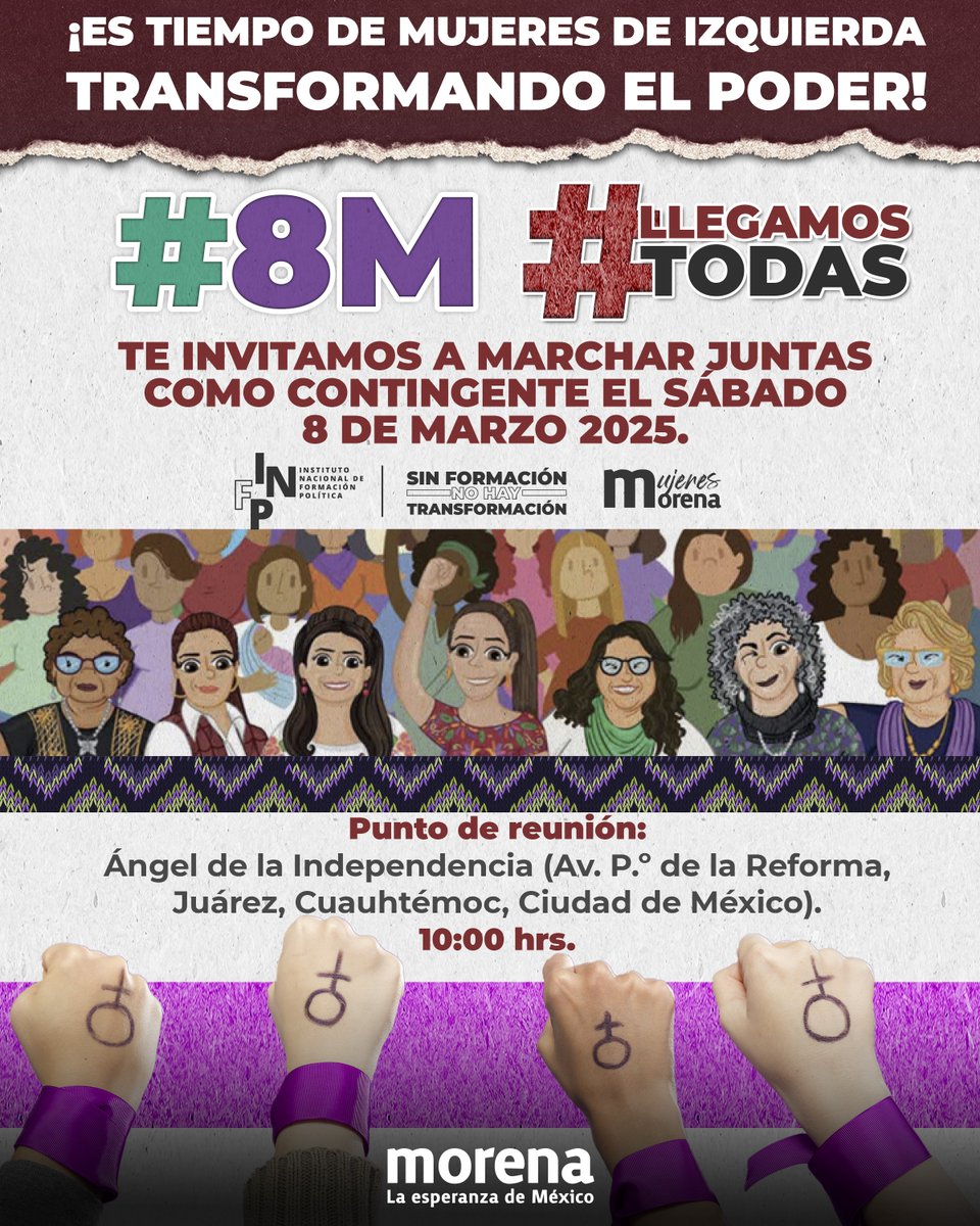 PartidoMorenaMx's tweet photo. En la Transformación, honramos la lucha de las mujeres que han abierto camino con su esfuerzo, impulsando a sus familias y a nuestro país.

Este año, conmemoramos este día histórico con la certeza de que los avances han sido fruto de generaciones de lucha y resistencia. Sigamos caminando juntas para construir un futuro más justo e igualitario.

📍 Nos vemos a las 10:00 a.m. en el Ángel de la Independencia, CDMX.

💜 #EsTiempoDeMujeresTransformadoras 💜