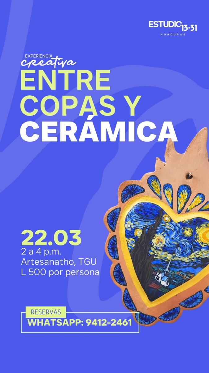 Estudio1331's tweet photo. RESERVA LA FECHA
Vive la Experiencia Creativa "Entre Copas y Cerámica" con Estudio 1331
Escoge y pinta sobre una pieza de cerámica (corazón, macetero, y más!)
mientras disfrutas de una Sangría.

22 de marzo 2025
2 - 4 p. m. 

📍Artesanatho
Col. La Campaña, 2da Calle, Casa 3555 https://t.co/Kqp6Ieu1Vi
