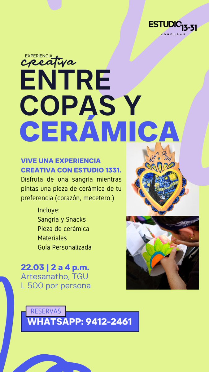 Estudio1331's tweet photo. RESERVA LA FECHA
Vive la Experiencia Creativa "Entre Copas y Cerámica" con Estudio 1331
Escoge y pinta sobre una pieza de cerámica (corazón, macetero, y más!)
mientras disfrutas de una Sangría.

22 de marzo 2025
2 - 4 p. m. 

📍Artesanatho
Col. La Campaña, 2da Calle, Casa 3555 https://t.co/Kqp6Ieu1Vi