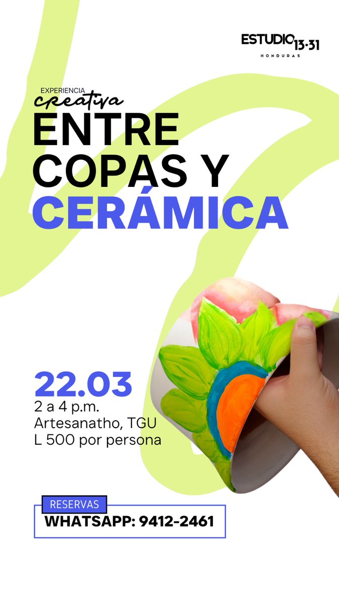Estudio1331's tweet photo. RESERVA LA FECHA
Vive la Experiencia Creativa "Entre Copas y Cerámica" con Estudio 1331
Escoge y pinta sobre una pieza de cerámica (corazón, macetero, y más!)
mientras disfrutas de una Sangría.

22 de marzo 2025
2 - 4 p. m. 

📍Artesanatho
Col. La Campaña, 2da Calle, Casa 3555 https://t.co/Kqp6Ieu1Vi