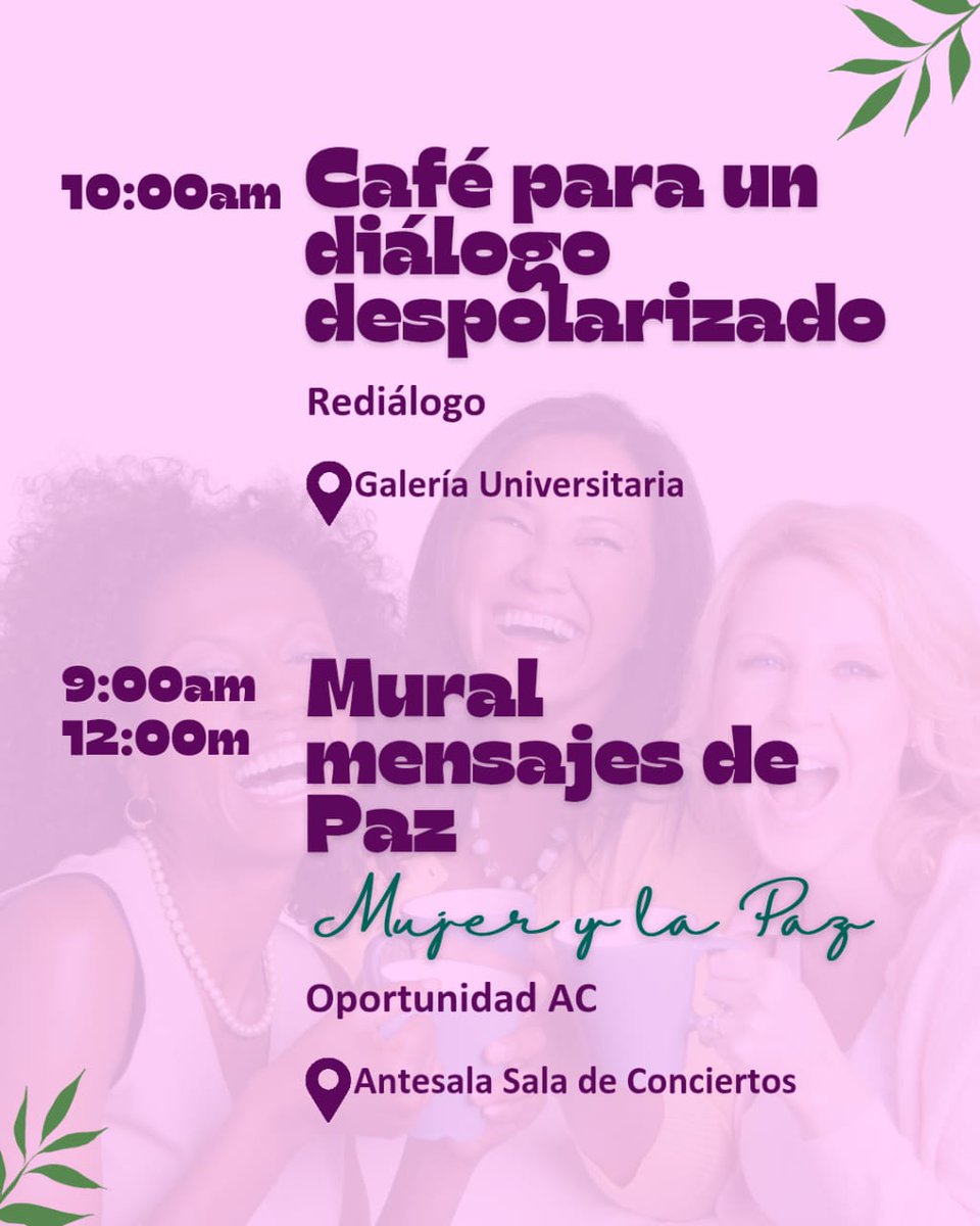 🌸 ¡Únete a nosotros para conmemorar el Día Internacional de la Mujer! 👩🏻‍🤝‍👩🏽

Te invitamos a "Mujer. Diálogo, acción y paz", un evento lleno de empoderamiento y reflexión. 

📅 11 de marzo de 2025  
🕗 8:00 AM - 12:00 PM  
🎟️ Entrada libre y para todo público

💜

#CulturaUCV