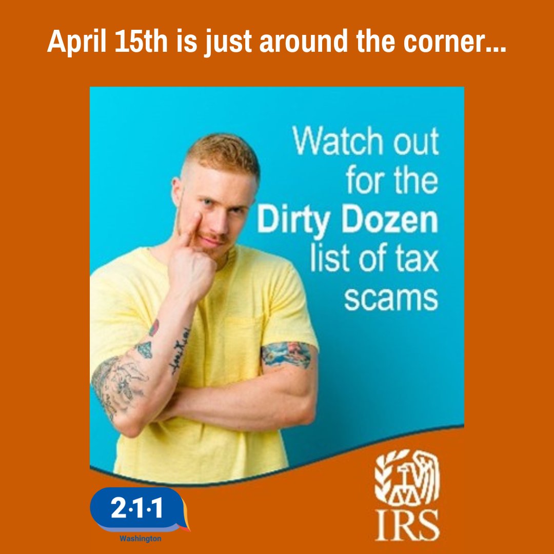 washington_211's tweet photo. Beware of tax schemes that promote using
@IRSnews tax forms to fraudulently avoid a tax bill or claim an inflated refund. Protect yourself by learning about the Dirty Dozen scams https://t.co/Nn2vcIyCtl and call 211 if you have questions! #WA211 #TaxScams #StayInformed #IRS https://t.co/evmgcbAPo1