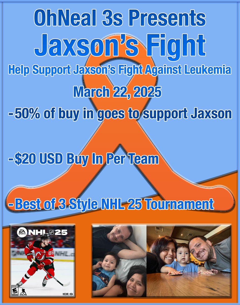 🚨ATTENTION CHEL PLAYERS🚨

<a href="/TheTerryOh/">Terry Hesticles</a> and I are organizing a charity NHL 25 3v3 event on March 22nd, to help raise money for one of my best friend's one and a half year old son who has been diagnosed with Leukemia.

Join this discord if interested: discord.gg/z953GJ65bN