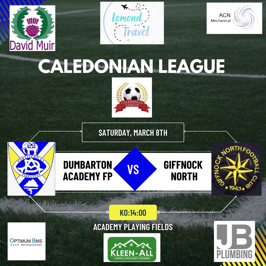 Dumbarton Academy FP (@dumbartonaccies) on Twitter photo Tomorrow's Match
Caledonian Premier League
<a href="/Dumbartonaccies/">Dumbarton Academy FP</a>
Vs
<a href="/GNorthAFC/">Giffnock North AAC AFC</a>
2:00pm ko
Academy Playing Fields
<a href="/CaledonianAFA/">CaledonianLeague</a>
<a href="/scottish_aff/">AmateurFixturesResultsSCO</a>
βͺπΆπ·βͺ Tomorrow's Match
Caledonian Premier League
<a href="/Dumbartonaccies/">Dumbarton Academy FP</a>
Vs
<a href="/GNorthAFC/">Giffnock North AAC AFC</a>
2:00pm ko
Academy Playing Fields
<a href="/CaledonianAFA/">CaledonianLeague</a>
<a href="/scottish_aff/">AmateurFixturesResultsSCO</a>
βͺπΆπ·βͺ