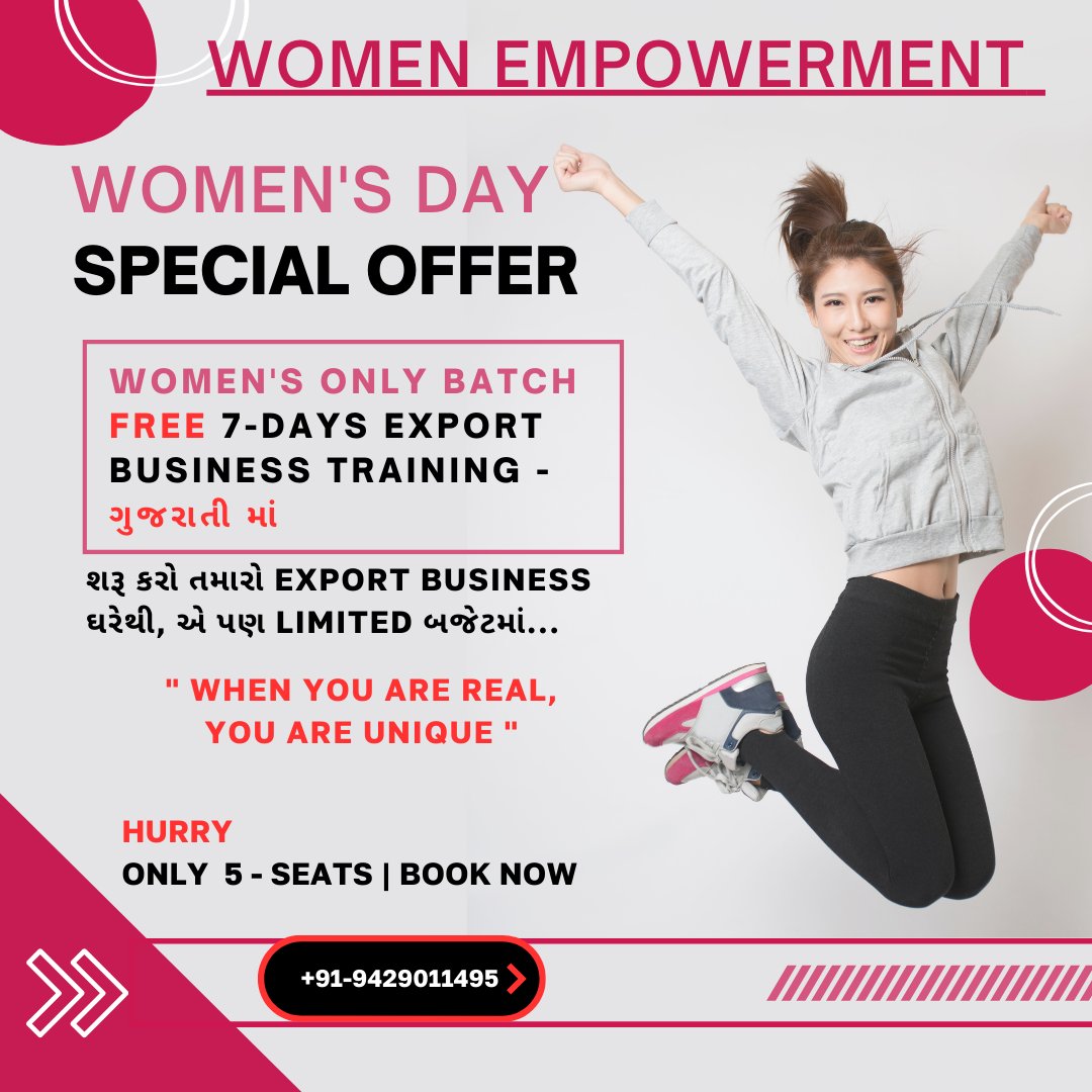 Women's Day Special Offer: 
FREE 7-Days Export Business Coaching program | 

Women's Only Batch 
Location: Live Training on Zoom 

Only 5 Seats
Elevate Exports by Divy Shah