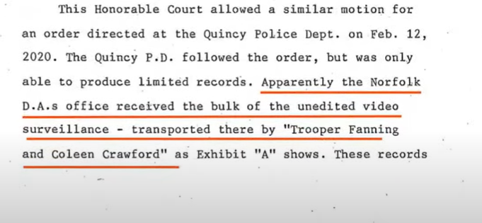 little_foot777's tweet photo. This is the whole Motion in the Fahey Case pertaining to Trooper Fanning &amp; Colleen Crawford. Apparently editing videos has been a little hobby of theirs for awhile now. Although I'm not surprised, I am pissed for Karen Read. This is just corrupt. https://t.co/FyG57pqdS6