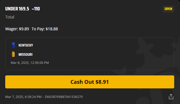 We hit our last two twitter plays and I'm 2/2 Let's try to go 3/3:
Kentucky/Missouri u169.5 -110 (1.5u)
Good to BM/FD/CZR/BO