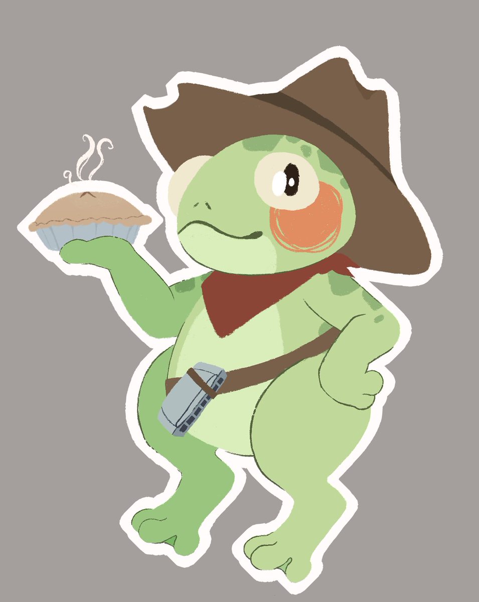 CocoAshes's tweet photo. He's just a frog sheriff reforming criminals one pie at a time and playing some little tunes on his harmonica!

He pops out occasionally in my dnd campaigns
#frog #characterdesign https://t.co/1PX1bzoxs9