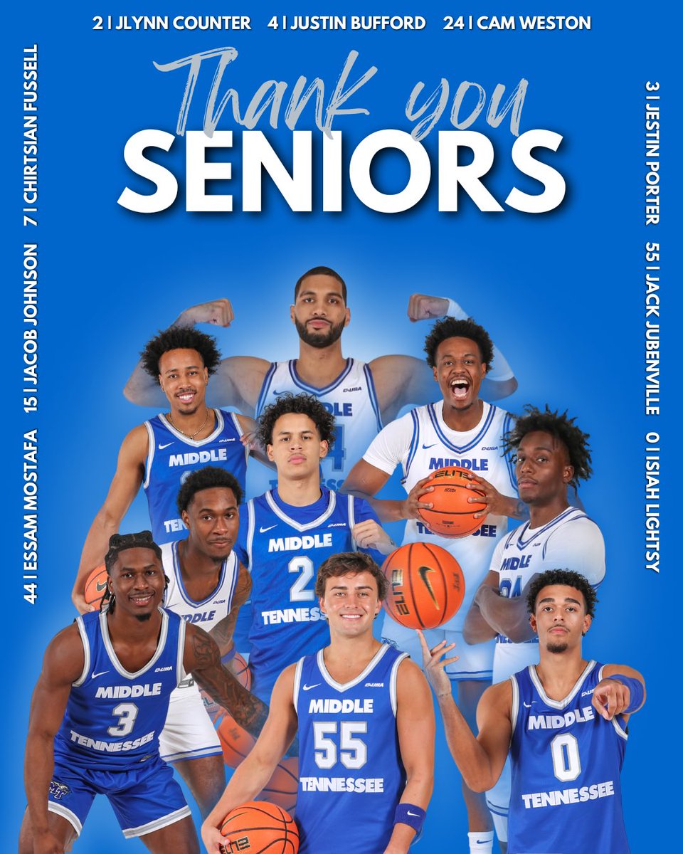 SATURDAY 2PM. These 9 OUTSTANDING Blue Raiders will play their final game ever in the Murphy Center! From those who were here for a year or ones who were here all 4 years. They all had a huge impact on this program Let's pack the Glass House one last time for this group!💙