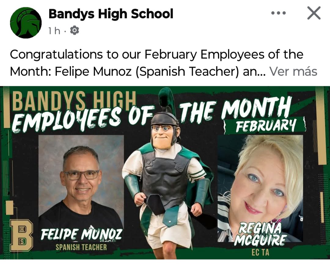 ProFelipeMunoz's tweet photo. Yay!🥳 Employee of the month at my home BHS... My principal said "You are #1 señor Felipe"🫵. Thanks @ParticipateLrng! I'm blessed to be an Ambassador Teacher #UnitingOurWorld 😍 https://t.co/I23Qniagx3