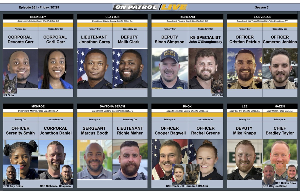 OfficialOPLive's tweet image. Welcome to Friday #OPNation. Tune in at 8e|5p for #OnPatrolFirstShift, followed by #OnPatrolLive at 9e|6p. Here is your lineup for the evening!