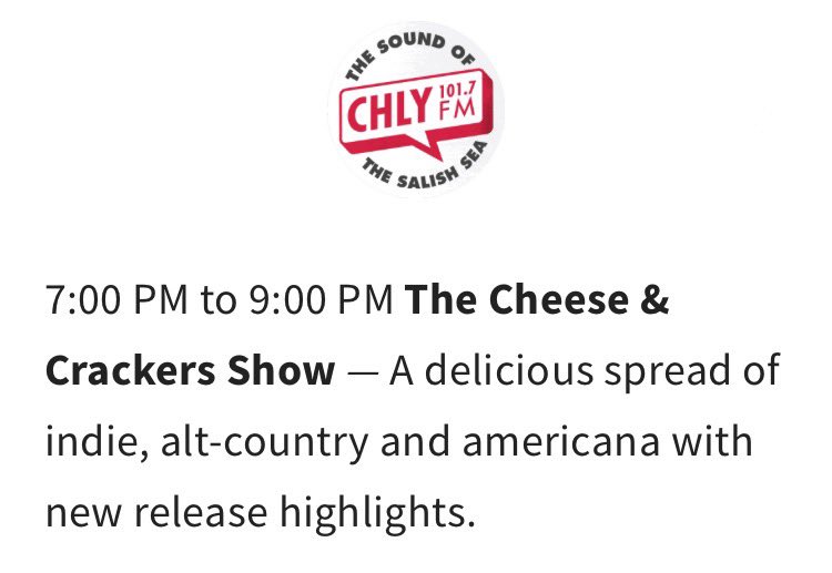 NanaimoLocal's tweet photo. Tune in to the Cheese &amp; Crackers show Saturdays on @chly1017fm, 7-9pm 📻🎶🎶🎶 #Nanaimo #VanIsle #IndieRadio #CollegeRadio #LocalRadio https://t.co/4PceSoY2kE