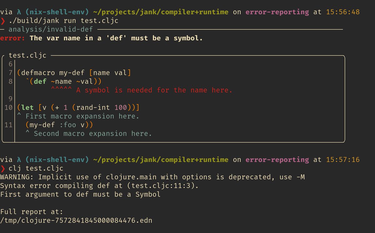 jeayewilkerson's tweet image. jank supports macro expansion stack traces now. Let's compare jank and #clojure, given the identical source file. 😍