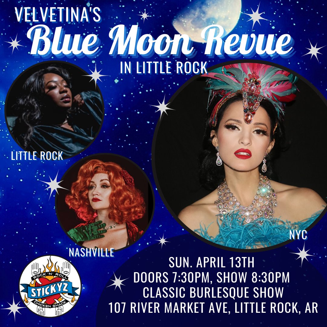Look who's back in town! Make plans to attend Velvetina's Blue Moon Revue on Sunday April 13. This classic burlesque show from NYC is always big fun. Reserved seating is limited so grab your table today