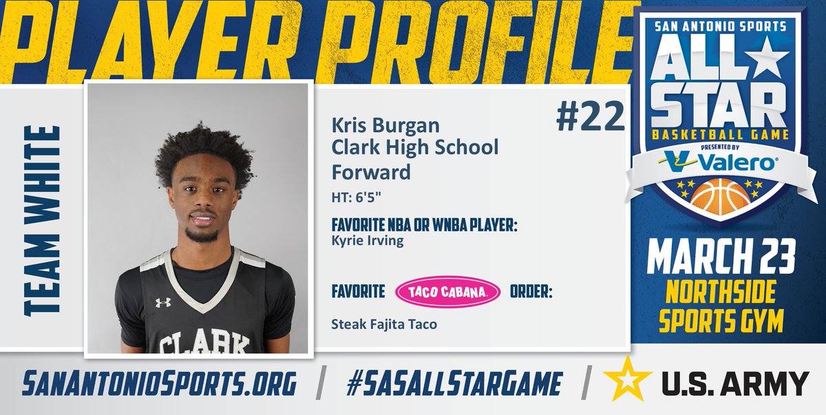 Meet <a href="/Kburgan22/">Kristian Burgan</a> from <a href="/NISDClark/">Tom C. Clark HS</a> who will compete in the San Antonio Sports All-Star Basketball game pres. by <a href="/ValeroEnergy/">Valero</a> at the Northside Sports Gym on March 23rd! #SASAllStarGame #BeAllYouCanBe <a href="/TacoCabana/">Taco Cabana</a> <a href="/ArmySanAntonio/">GoArmy San Antonio</a> <a href="/KyrieIrving/">Kyrie🤞🏾</a>

<a href="/clarkcougarsbb/">Clark Cougars Basketball</a>