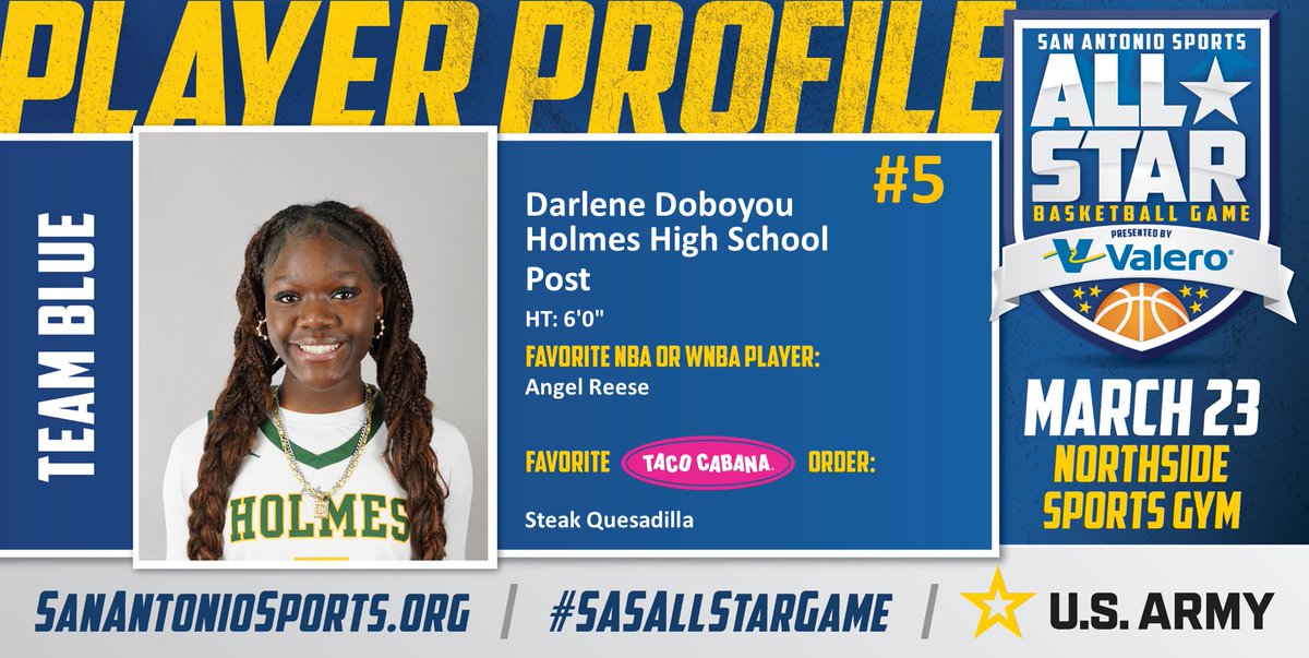 San Antonio Sports (@sa_sports) on Twitter photo Meet Darlene Doboyou from <a href="/NISDHolmes/">NISD Holmes</a> who will compete in the San Antonio Sports All-Star Basketball game pres. by <a href="/ValeroEnergy/">Valero</a> at the Northside Sports Gym on March 23rd! #SASAllStarGame #BeAllYouCanBe <a href="/TacoCabana/">Taco Cabana</a> <a href="/ArmySanAntonio/">GoArmy San Antonio</a> <a href="/Reese10Angel/">Angel Reese</a>
<a href="/ladyhuskybb/">Holmes Lady Huskies Basketball</a>
<a href="/coachkhenderson/">Kate Henderson</a> Meet Darlene Doboyou from <a href="/NISDHolmes/">NISD Holmes</a> who will compete in the San Antonio Sports All-Star Basketball game pres. by <a href="/ValeroEnergy/">Valero</a> at the Northside Sports Gym on March 23rd! #SASAllStarGame #BeAllYouCanBe <a href="/TacoCabana/">Taco Cabana</a> <a href="/ArmySanAntonio/">GoArmy San Antonio</a> <a href="/Reese10Angel/">Angel Reese</a>
<a href="/ladyhuskybb/">Holmes Lady Huskies Basketball</a>
<a href="/coachkhenderson/">Kate Henderson</a>