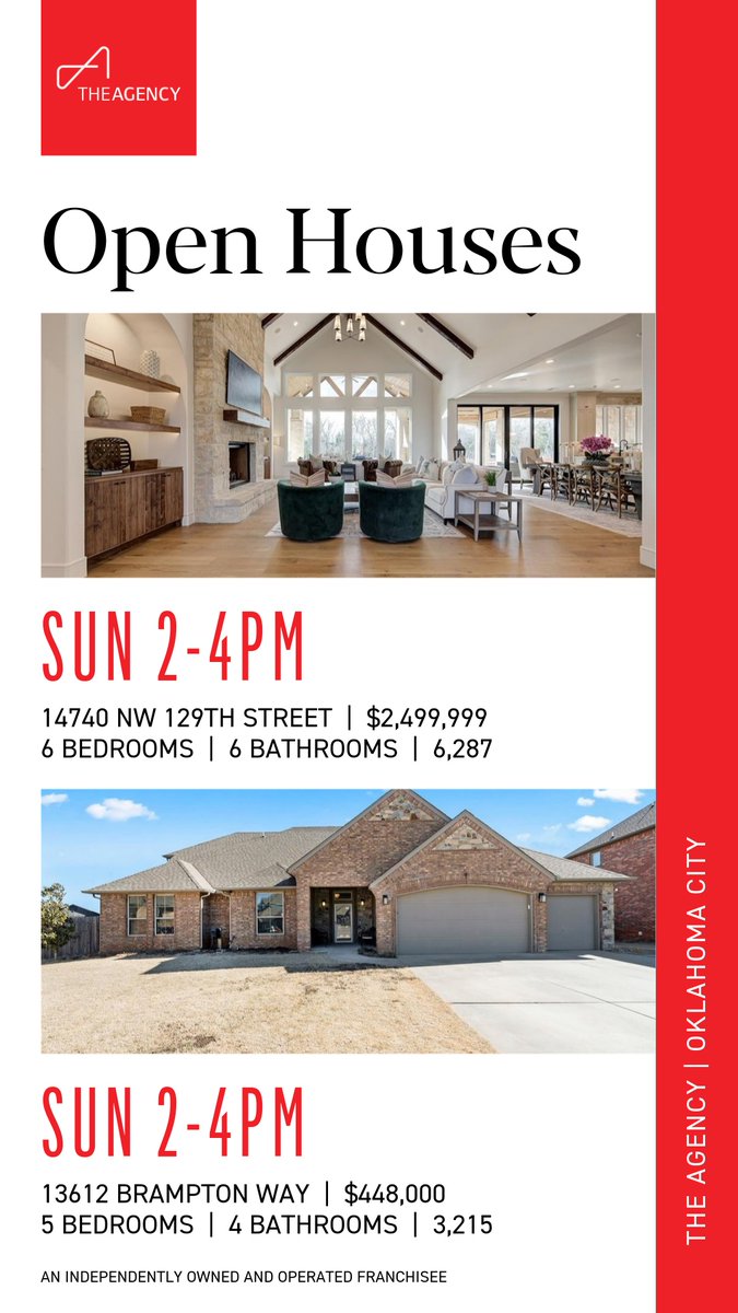 WyattPoindexter's tweet image. 🏡 Open House Sunday | 2-4PM – Two incredible homes!

📍 14740 NW 129th, Piedmont
✨ 6.69 acres, 6 beds, 5.5 baths
🔗 14740Nw129th.com

📍 13612 Brampton Way, Yukon
✨ 5 beds, 3.1 baths, private pool
🔗 13612Brampton.com

#OpenHouseSunday #PiedmontOK #YukonOK