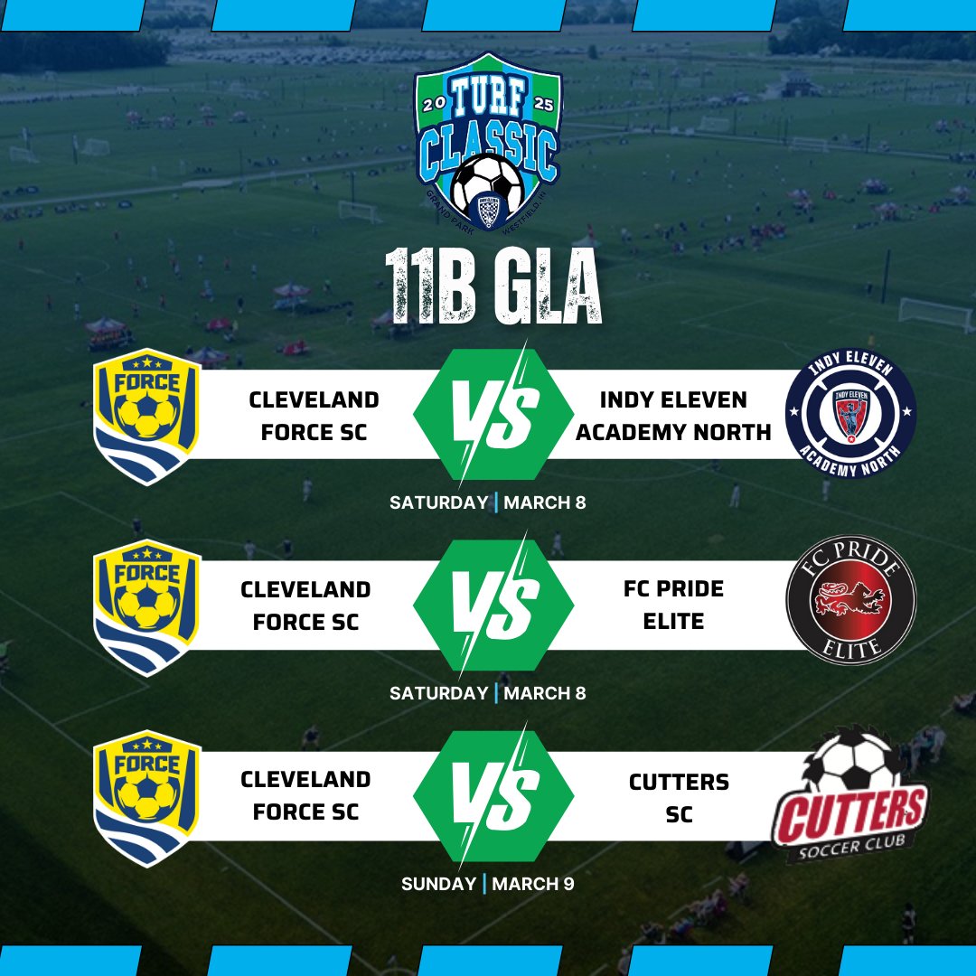 ClevForceSC's tweet photo. Good luck to our Cleveland Force SC 11B GLA and 12B GLA teams as they head to Grand Park in Westfield, IN to compete in the 2025 Indy Eleven Academy Turf Classic!

Play tough, have fun and enjoy the experience, boys!!!

#chrip #clevelandforcesc https://t.co/6fVQyE3Jzx