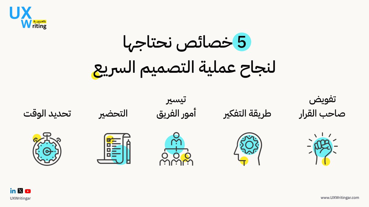 UXWritingar's tweet image. ⚡️ لا وقت لإضاعة الوقت! 

إليك 5 خصائص ضرورية لعملية تصميم سريعة وناجحة. 👇

#UXWriting #DesignSprint #DesignTips