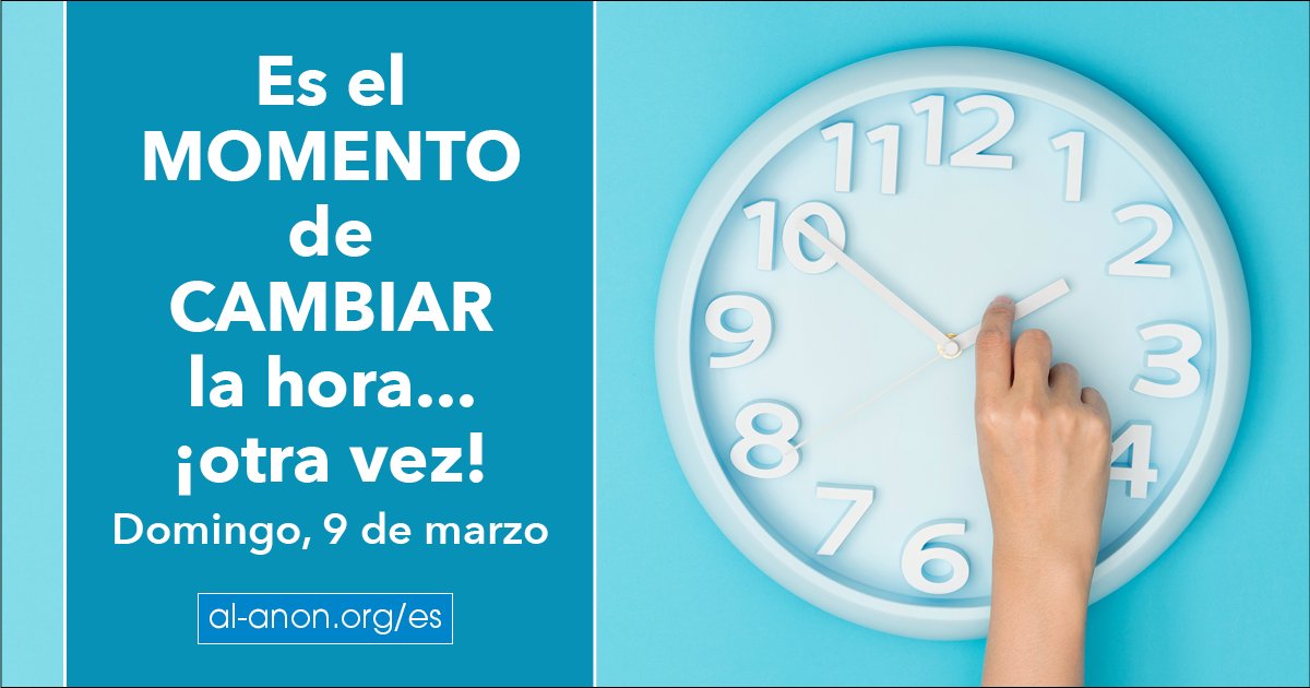 AlAnon_OSM's tweet photo. El cambio de hora en Norteamérica del horario estándar al horario de verano presenta un desafío para grupos que se reúnen en la «Aplicación Móvil Grupos de Familia #AlAnon». Agradecemos su paciencia y vigilaremos las reuniones el domingo, 9 de marzo.

#Alateen #12Pasos #AA https://t.co/pidy64SyOC
