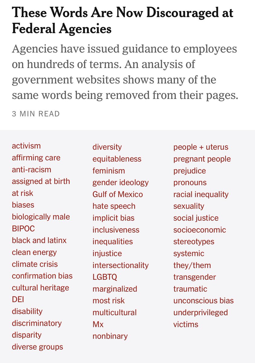 KerryKennedyRFK's tweet image. This is a list of terms banned on federal websites by the Trump administration. Silencing speech is the first sign of oppression.