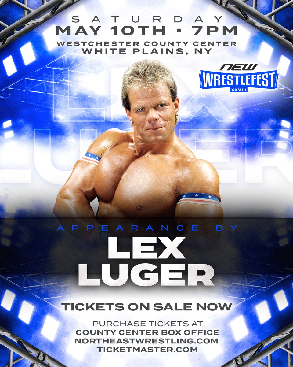 newwrestling1's tweet photo. We are excited to announce that WWE Hall of Fame inductee @GenuineLexLuger will be a part of @newwrestling1 Wrestlefest in White Plains, NY on May 10th!!

Tix at https://t.co/piOoz1A9Xg https://t.co/ggpSdAKW1m