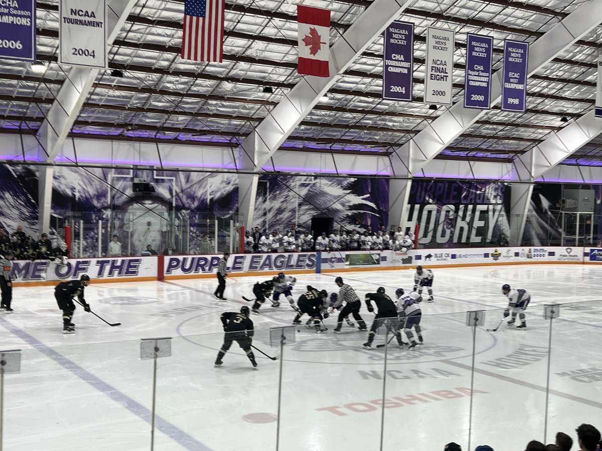 Just dropped the puck in Game 1 as <a href="/ArmyWP_Hockey/">Army Hockey</a> takes on <a href="/NiagaraMHKY/">Niagara University Men's Hockey</a>  in the best of 3 <a href="/Atlantic_Hockey/">Atlantic Hockey America</a> playoff series. #GoArmy
