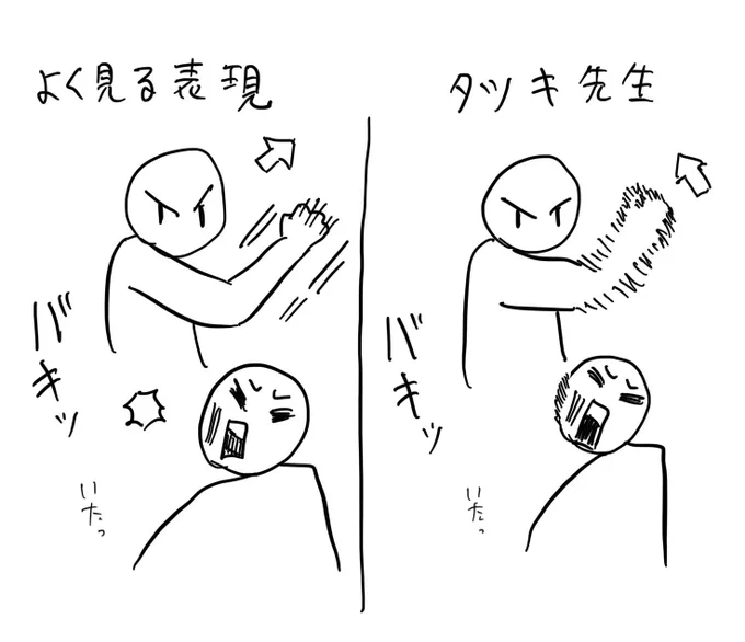 漫画で人を殴る表現、従来のバトル漫画では『拳の向いている方向』にスピード線をつけることが多かったけど、藤本タツキ先生は『拳に運動エネルギーがかかっている方向』に手をブレさせてる。…のかな?と思った 