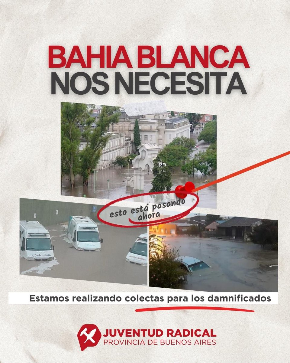 jradicallanus's tweet photo. BAHÍA BLANCA NOS NECESITA

Participamos de la iniciativa de la @JRBsAs para colaborar con los afectados por el temporal en Bahía Blanca.

Nuestro comité (Margarita Weild 1799) estará abierto de lunes a viernes de 12:00 a 18:00 hs para recibir donaciones. https://t.co/RYhv9Eut42