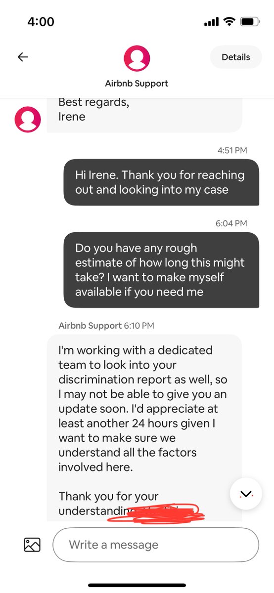 _bouboulina_'s tweet photo. To my surprise a "senior case manager" from @airbnbhelp reaches out saying they have been contacted by their executive team. I thought this nightmare was coming to an end! They tell me they will need "at least another 24 hours" to help https://t.co/0nEGWhdcdB