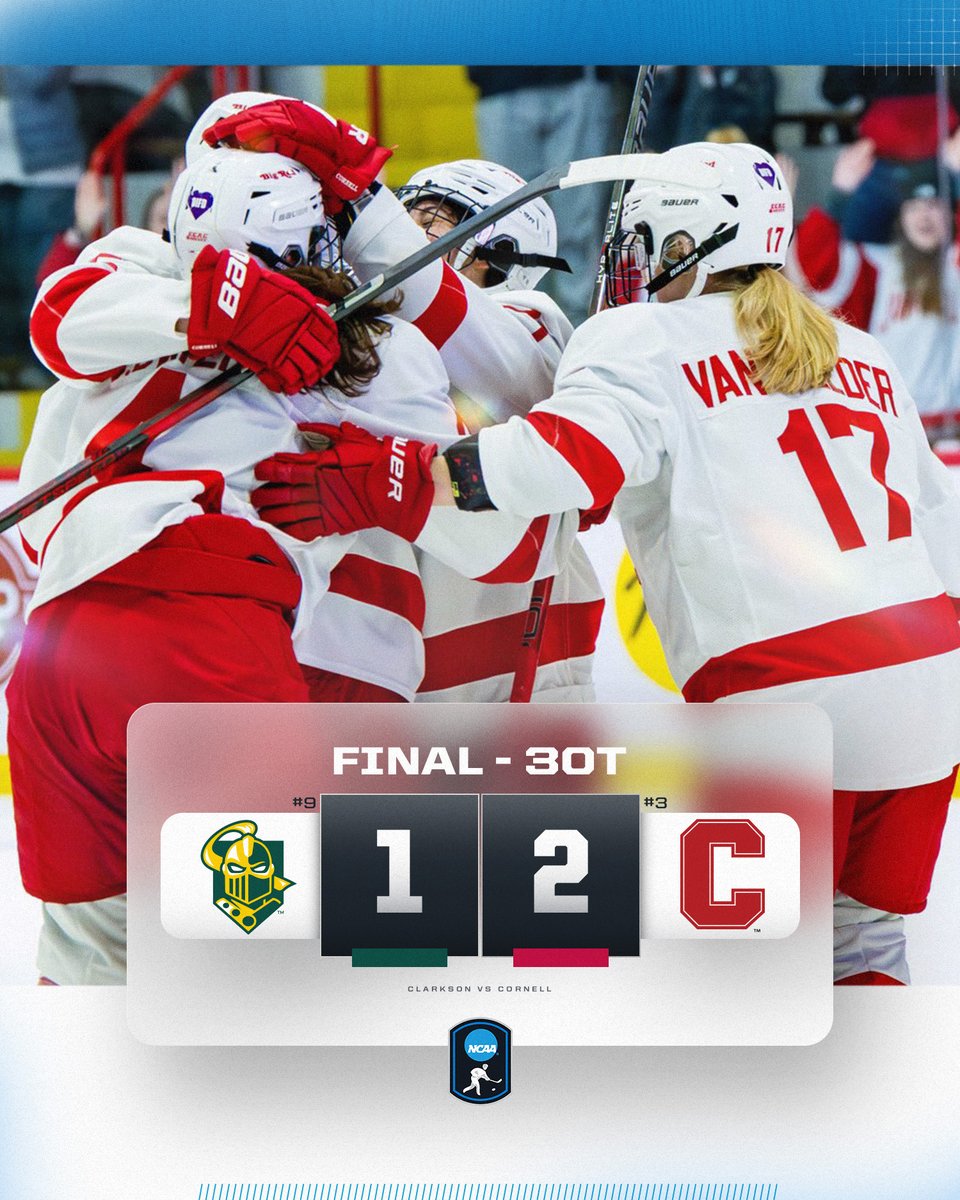 No. 3 <a href="/CornellWHockey/">Cornell Women's Ice Hockey</a> gets the win over No. 9 Clarkson in 3OT to advance to the ECAC Championship game 

#NCAAHockey
