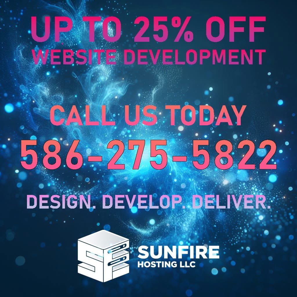 SunFireHosting's tweet photo. 🚀 Get 25% OFF on Website Development! 🚀

Ready to take your online presence to the next level? For a limited time, we're offering an exclusive 25% discount on all website development services! 🌐✨

Whether you need a stunning new website or a revamp of your current one, our expert team is here to bring your vision to life. Don't miss out on this fantastic deal!

📞 Call us now at 586-275-5822 to get started and transform your digital dreams into reality.

#WebDevelopment #WebsiteDesign #WebsiteDev