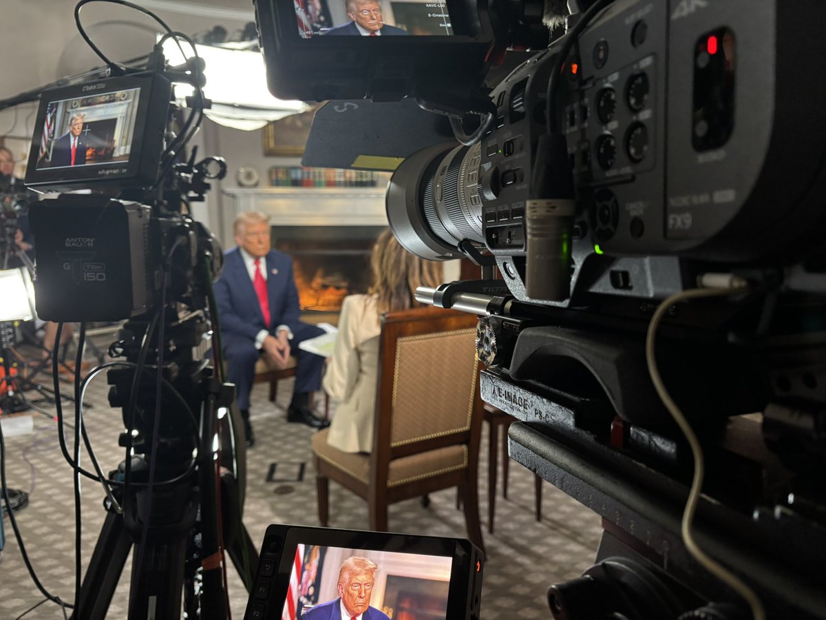 dartise's tweet photo. Exclusive with Trump – Thursday, we shot a 4-camera exclusive with Donald Trump, airing Sunday on Fox Business. @SonyCine FX9, flying @intellytech lights for our keys. 
#BehindTheBroadcast #CameramanChronicles #DartiseShoots #FX9 #TrumpInterview #FoxBusiness #BehindTheScenes https://t.co/FdmLZqfroh