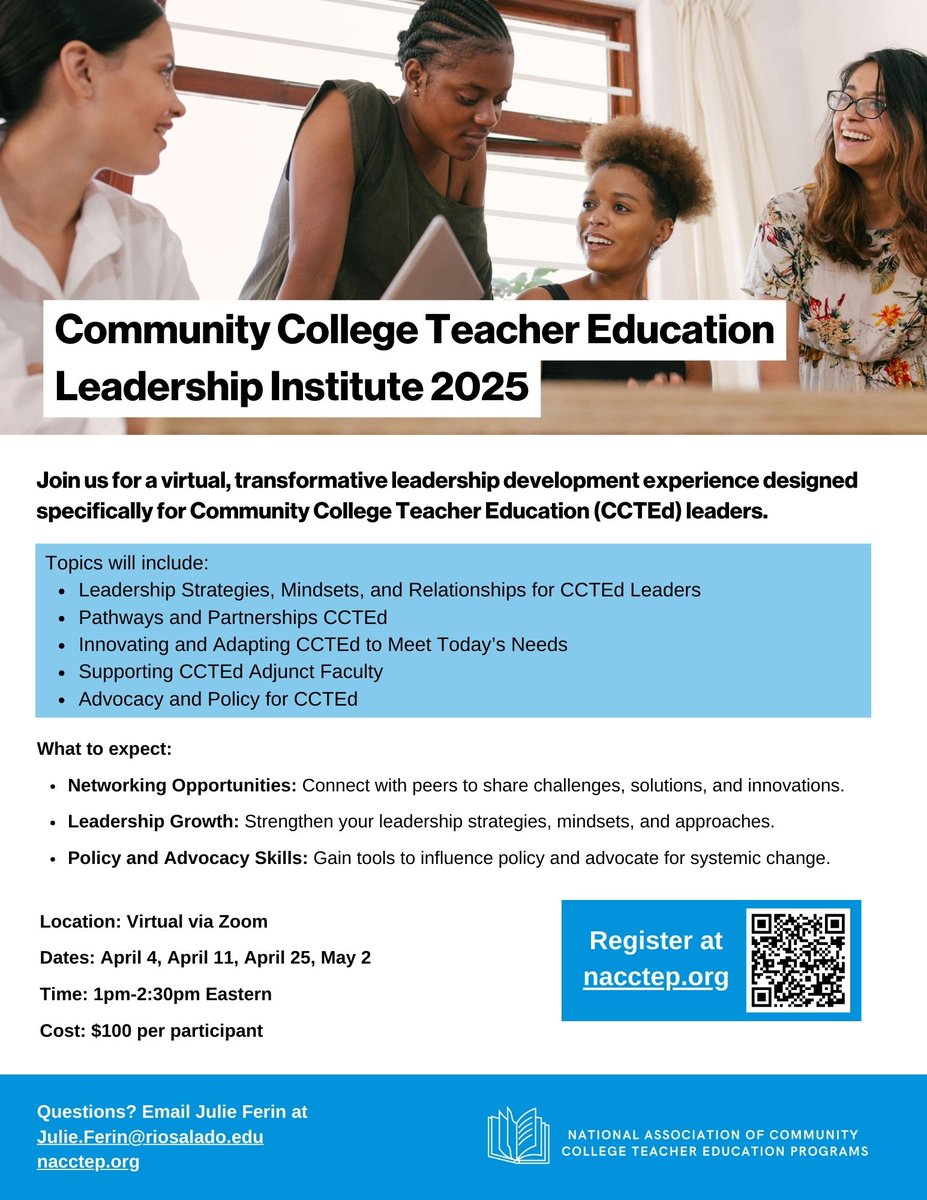nacctep's tweet photo. NACCTEP is hosting a Community College Teacher Education Leadership Institute across 4 Fridays in April &amp; May.  Full details on topics &amp; to register, please visit https://t.co/cKu7Swy1bq or follow the QR code.

#TeacherEducation  #TeacherLeaders #CommunityCollege #Leadership https://t.co/BA0WaIXzQN