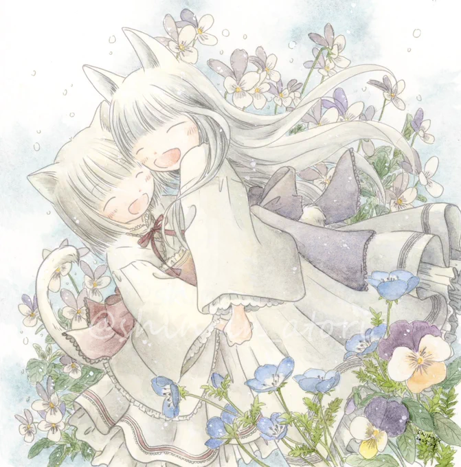 「春風と一緒に」透明水彩・デジタル線画・ウォーターフォード13×13cm#草花のワルツ 春の風と春の花たちと楽しく踊ろう 