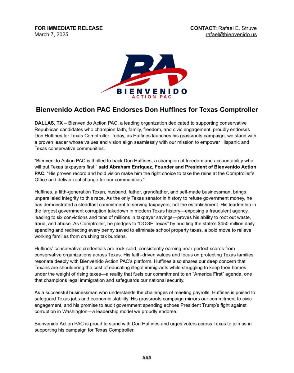 BActionPAC's tweet photo. 🚨 Bienvenido Action PAC is proud to endorse @DonHuffines for Texas Comptroller. His proven conservative track record, commitment to fiscal responsibility, and dedication to serving Texans make him the right leader for the job. Read our statement below. https://t.co/XSBwaBfav0