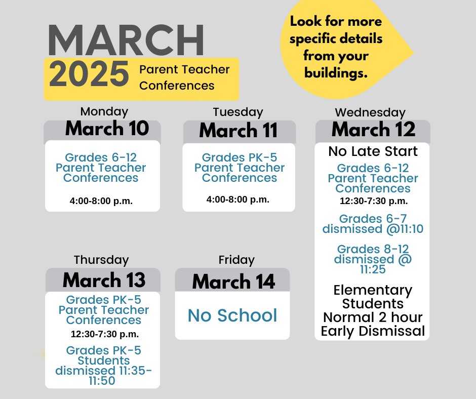 Next week are Parent Teacher Conferences already! Here's the schedule for next week, including dismissal times.
For the complete Academic Calendar, click here: southeastpolk.org/academic-calen…