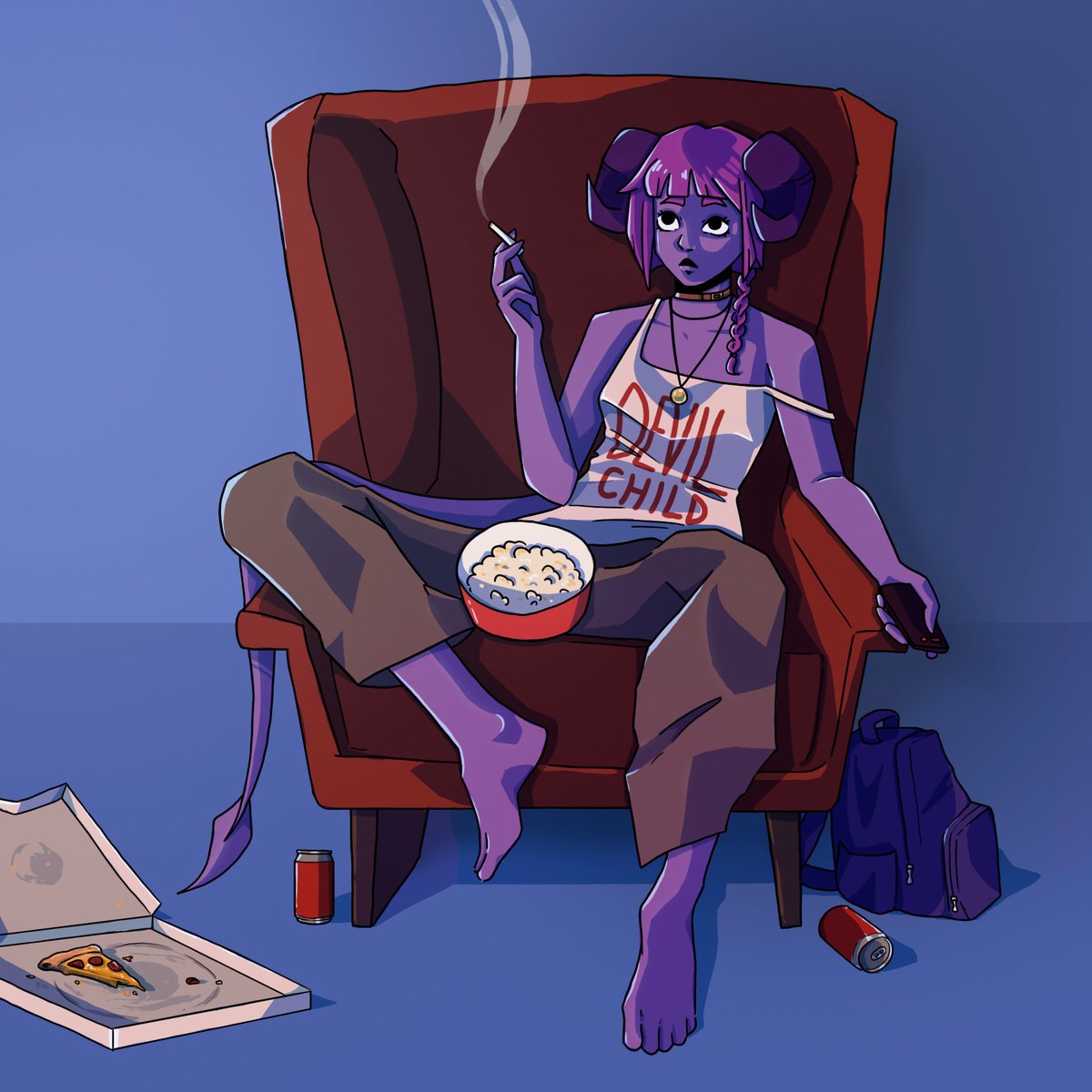 suricamingo's tweet photo. my traumatized baby tiefling rogue/warlock Rue chilling after a long day of sneak attacks 😌 
#DnD #ocartist #OC #dungeonsanddragons #rogue #warlock https://t.co/oLuF2i6QNn