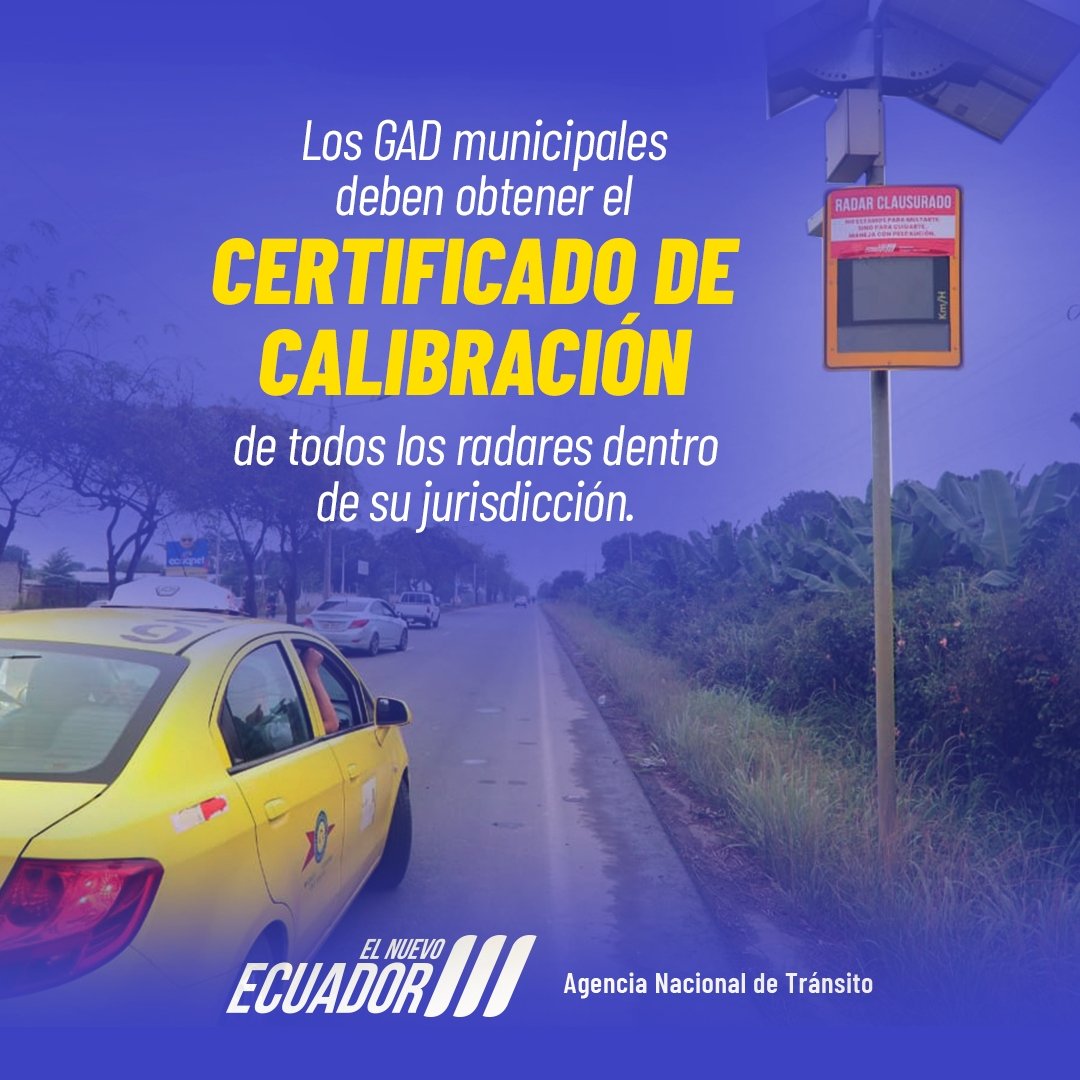 Emitimos la Resolución No. 010-DIR-2025-ANT, para reformar el “Reglamento de homologación, operación y control de dispositivos electrónicos de control de velocidad”, donde implementamos el Certificado de Calibración para mayor precisión y control efectivo.

#ElNuevoEcuador