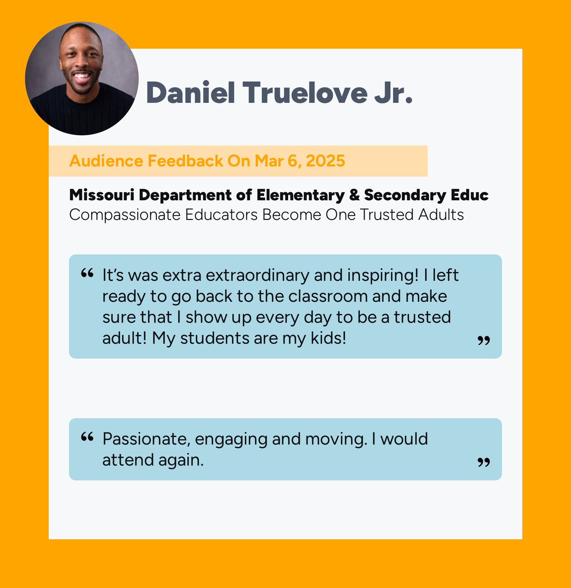 Dr. Daniel Truelove Jr. (@datruelovejr) on Twitter photo Yesterday, I closed out day one of the <a href="/MOEducation/">Missouri DESE</a> 52nd Conference on the Young Years. I spoke about the teachers who truly see their students—the ones who listen, show up, and make them feel like they matter.
#OneTrustedAdult #Education #EarlyChildhoodEducation Yesterday, I closed out day one of the <a href="/MOEducation/">Missouri DESE</a> 52nd Conference on the Young Years. I spoke about the teachers who truly see their students—the ones who listen, show up, and make them feel like they matter.
#OneTrustedAdult #Education #EarlyChildhoodEducation