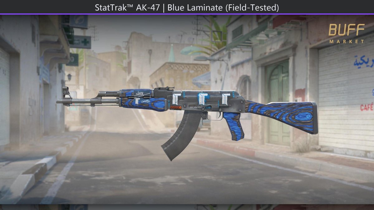 Real_NikoTHC's tweet photo. Sniped me this StatTrak™ AK-47 | Blue Laminate (Field-Tested) with a Sticker | Titan | Katowice 2014 
 *Someone put a $3,126 sticker on this*