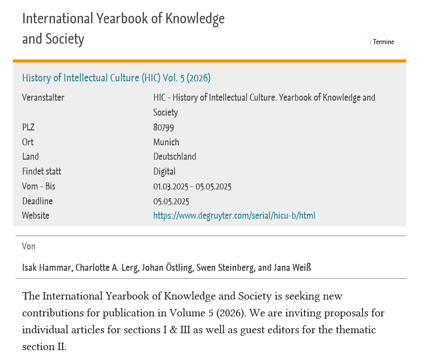 Please share this CfA for the 2026 "History of Intellectual Culture. International Yearbook of Knowledge and Society" I will co-edit:

hsozkult.de/event/id/event…