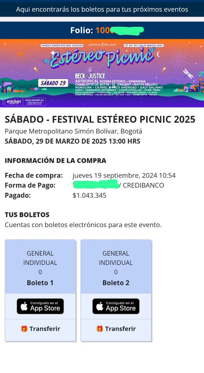 Vendo dos boletas para el festival estéreo picnic en Bogotá 
2 domingo 
2 sábado 
1 viernes 
$480.000 c.u 
#festivalestereopicnic #fep #bogota