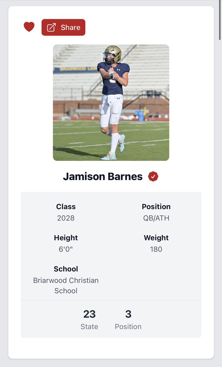 Jamison Barnes (@jbarnes2028) on Twitter photo Thanks <a href="/PrepRedzoneAL/">Prep Redzone Alabama</a> for the ranking. #3 QB in state and #23 overall in state for 2028’s. Excited to get back to work soon!
<a href="/2LiveCraig/">2LiveCraig</a> <a href="/BriarwoodFTBLL/">Briarwood Football</a> <a href="/QBC_Bham/">QB Country Birmingham</a> <a href="/AL_Recruiting/">AL Recruiting</a> <a href="/AlecEtheredgeSC/">Alec Etheredge SCR</a> <a href="/ChadSimmons_/">ChadSimmons</a> Thanks <a href="/PrepRedzoneAL/">Prep Redzone Alabama</a> for the ranking. #3 QB in state and #23 overall in state for 2028’s. Excited to get back to work soon!
<a href="/2LiveCraig/">2LiveCraig</a> <a href="/BriarwoodFTBLL/">Briarwood Football</a> <a href="/QBC_Bham/">QB Country Birmingham</a> <a href="/AL_Recruiting/">AL Recruiting</a> <a href="/AlecEtheredgeSC/">Alec Etheredge SCR</a> <a href="/ChadSimmons_/">ChadSimmons</a>