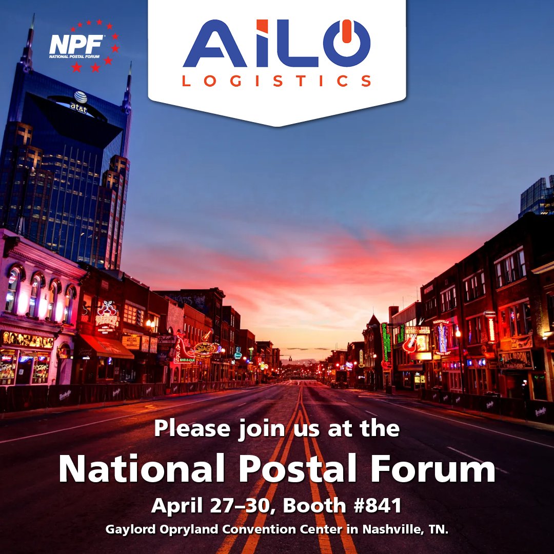 Please join us at the National Postal Forum, April 27–30, Booth #841, at the Gaylord Opryland Convention Center in Nashville, TN. Connect with our experts, explore cutting-edge logistics solutions, and discover how we can streamline your operations. 
#AiLOLogistics #NPF2025