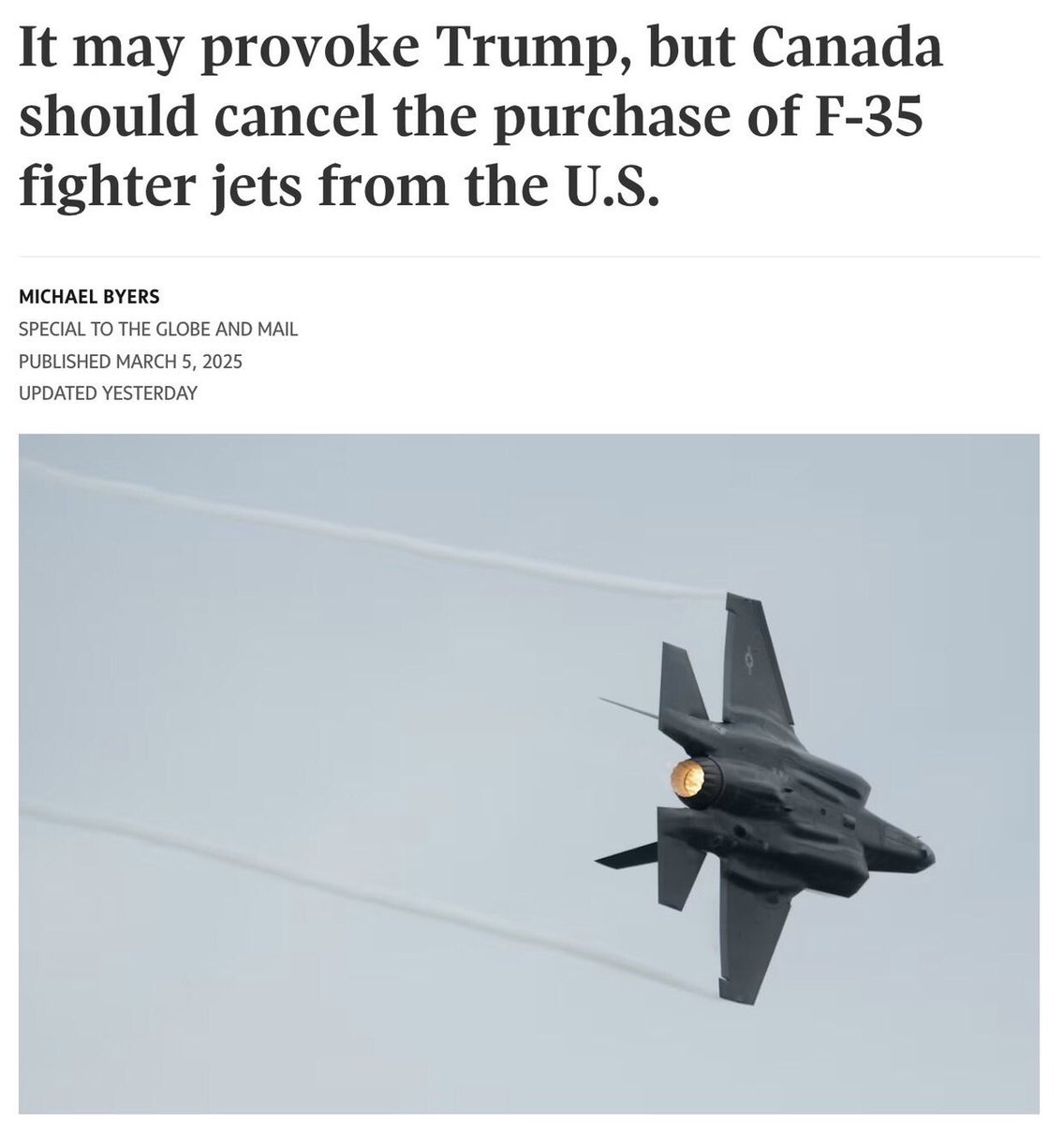 G_Yakovleff's tweet photo. Canada 🇨🇦 should cancel the purchase of F-35 fighter jets from the US 🇺🇸 👀👊🏻

“If the United States wished to invade Canada, it could achieve air superiority – perhaps with just a few keyboard strokes.” https://t.co/4C4Sznvi50