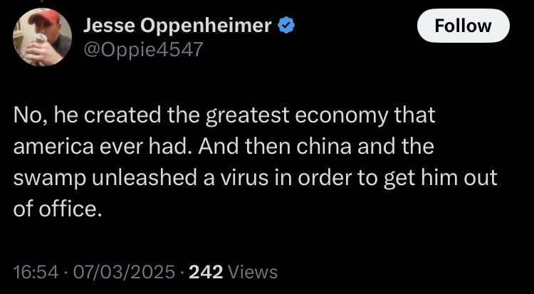 PaulSchleifer's tweet photo. So, China and (checks notes) ‘the swamp’ released Covid just to get rid of Trump?
#CompletelyUnhinged https://t.co/wjWiFFQ4b0