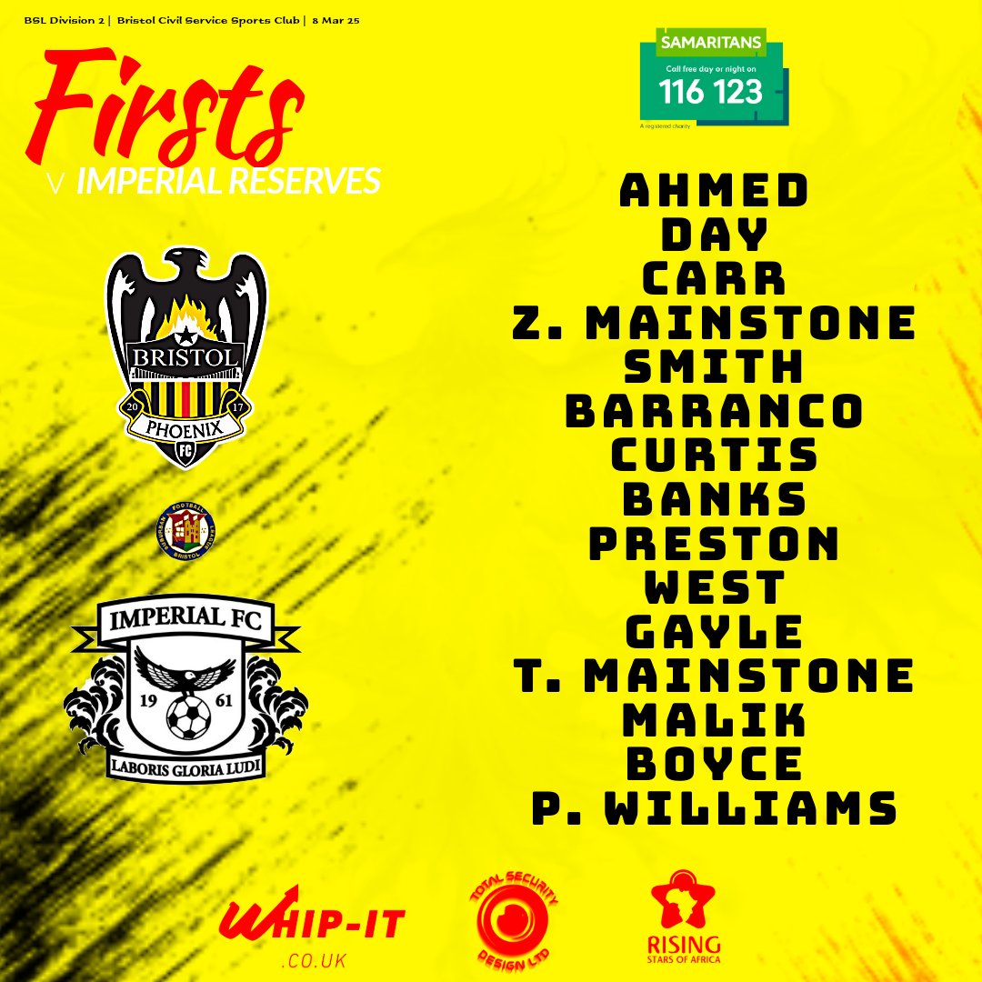 💛 <a href="/BristolPhoenix1/">Bristol Phoenix</a> Firsts are up against <a href="/Imperialfc1961/">Imperial FC</a> Reserves at BCSSC in today's <a href="/BristolSuburban/">BSL</a> fixture. Come and support us! 🌞

🆕Potential debut with Oli Carr

🤝 <a href="/RSOAAcademy/">RisingStarsOfAfrica</a> whit-it.co.uk totalsecuritydesign.co.uk

💚 <a href="/samaritans/">Samaritans</a> 🤳Call 116 123

#UTP  🔥🦅